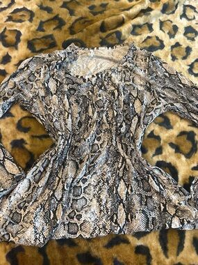 Women’s Long Sleeve Snake-Print Scoop Neck Top in Neutral Tones